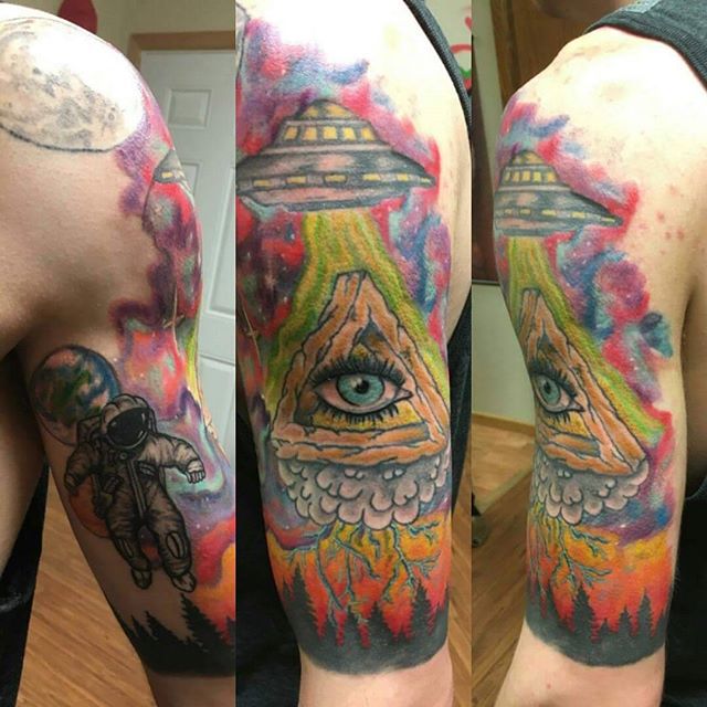 Colorful Eye In Pyramid With UFO Tattoo On Half Sleeve