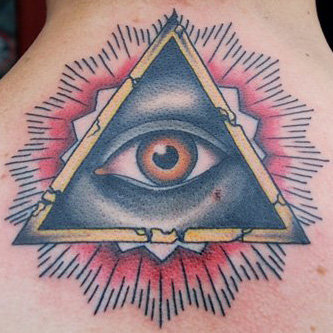 Colorful Eye In Triangle Tattoo On Upper Back