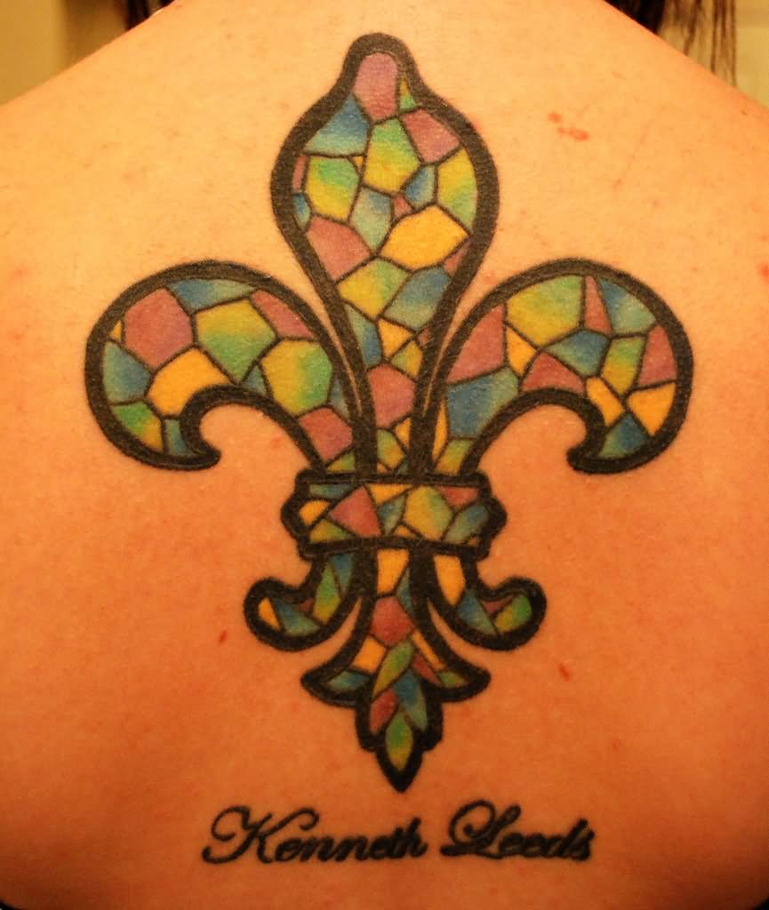Colorful Fleur De Lis Tattoo On Upper Back