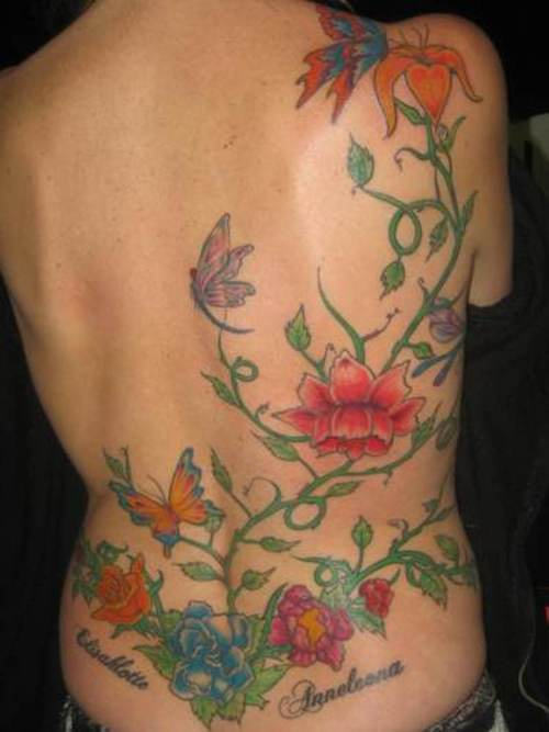 Colorful Flowers Ivy Vine Tattoo On Full Back