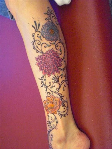 Colorful Flowers Tattoo Design For Leg