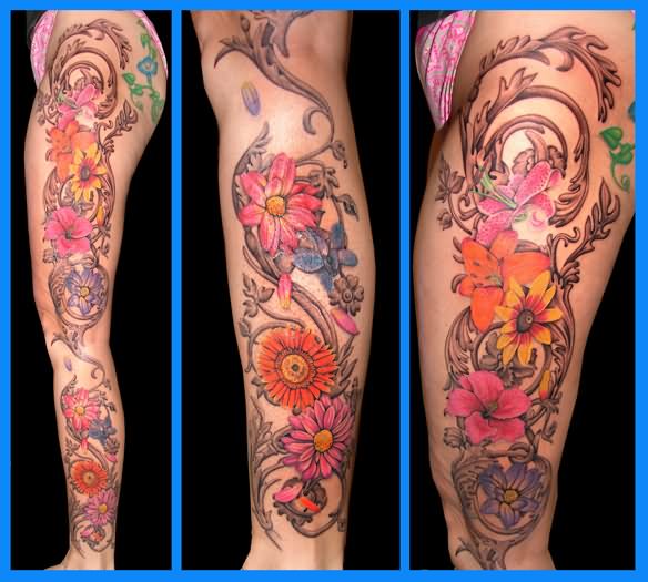 Colorful Flowers Tattoo On Girl Left Full Leg