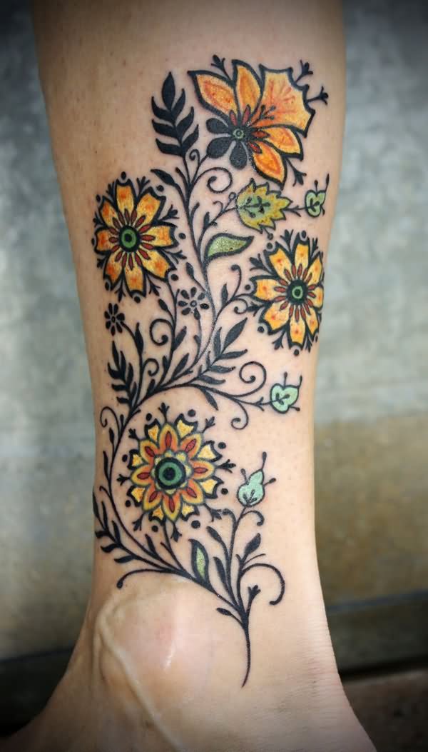 Colorful Flowers Tattoo On Leg