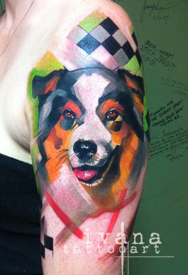 Colorful Funky Dog Face Tattoo On Left Half Sleeve