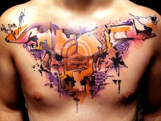Colorful Funky Tattoo On Man Chest