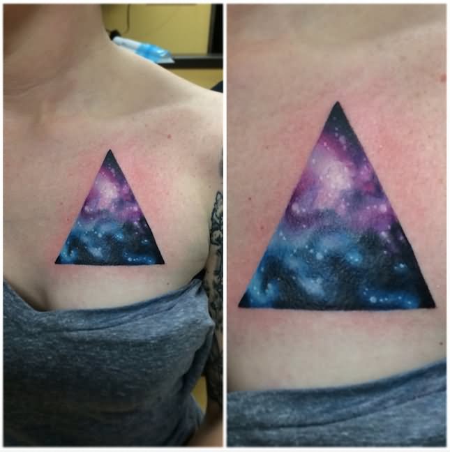 Colorful Galaxy In Triangle Tattoo On Left Front Shoulder
