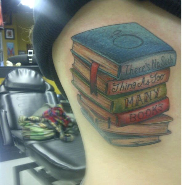 Colorful Literary Books Tattoo On Side Rib