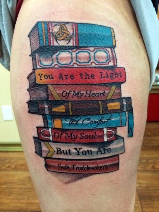 Colorful Literary Books Tattoo On Side Thigh