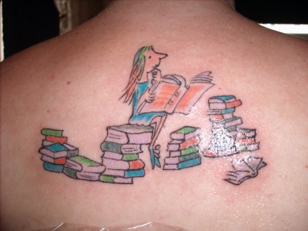 Colorful Literary Books Tattoo On Upper Back