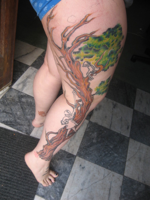 Colorful Tree Tattoo On Right Full Leg