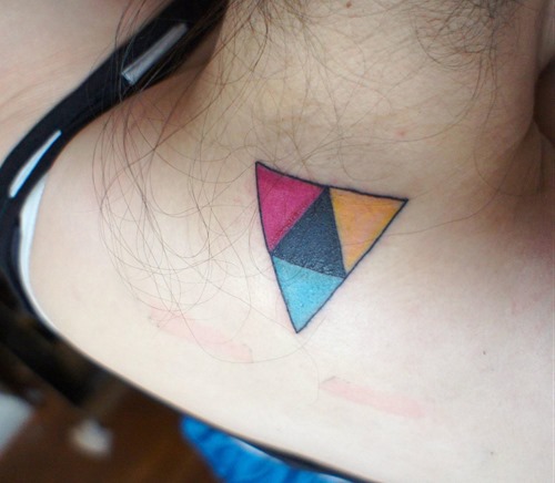 Colorful Triangle Tattoo On Upper Back