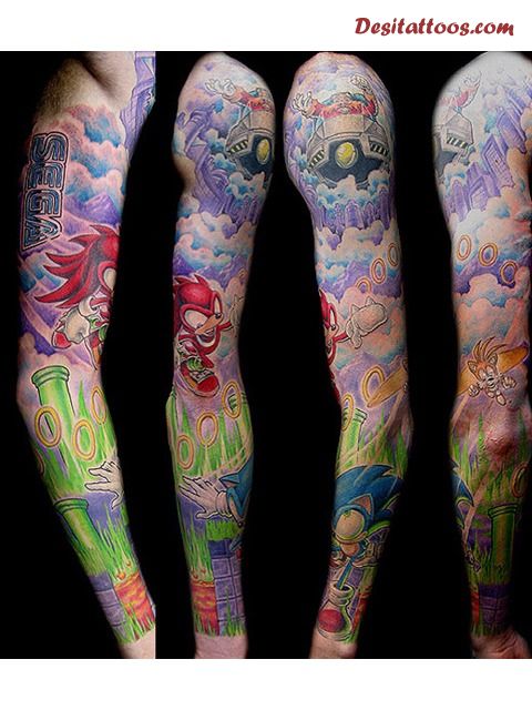 Colorful Video Game Tattoo On Full Sleeve