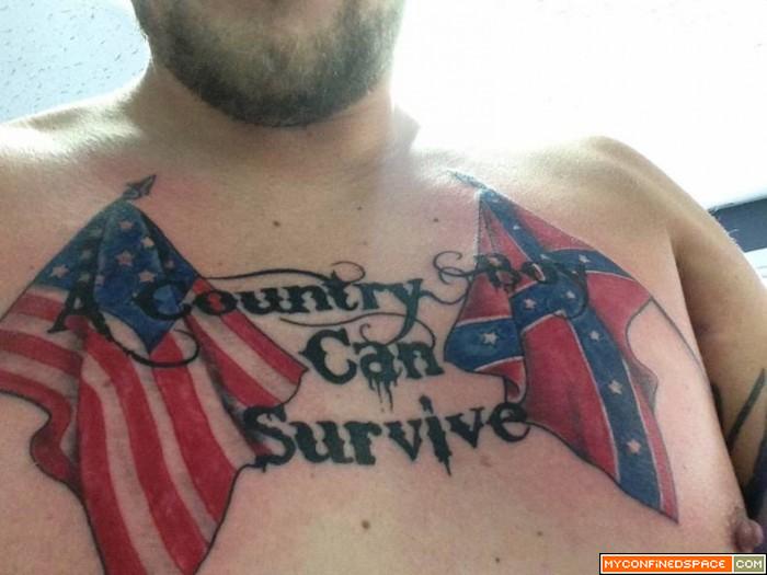 Country Boy Can Survive And Country Flags Tattoo On Chest