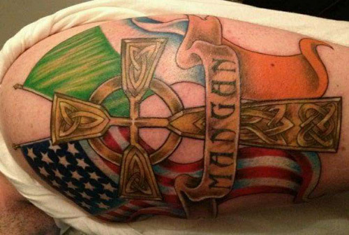 Cross With American And Irish Flag Tattoo On Half Sleeve