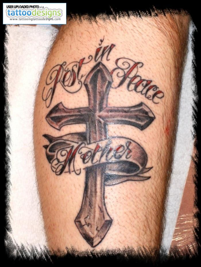 Cross With Mother Banner Tattoo Design For Leg