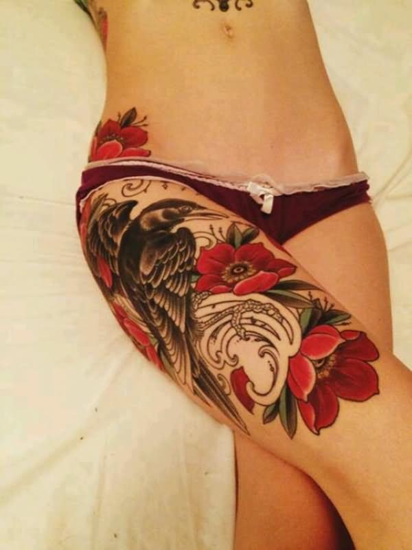 Crow With Flowers Tattoo On Right Leg