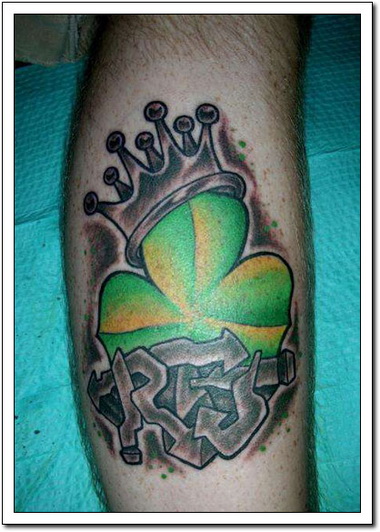 Crown Clover Leaf Irish Tattoo On Leg