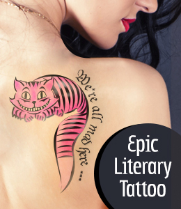 Cute Cat With Literary Tattoo On Girl Right Back Shoulder