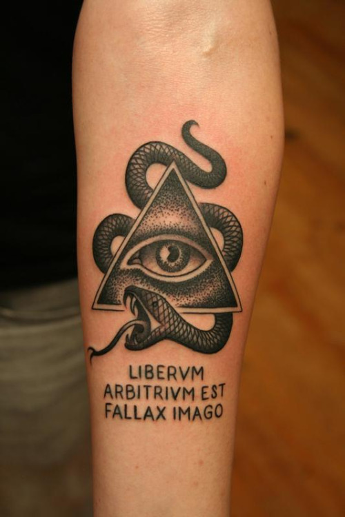 Dotwork Eye In Pyramid With Snake Tattoo Design For Forearm