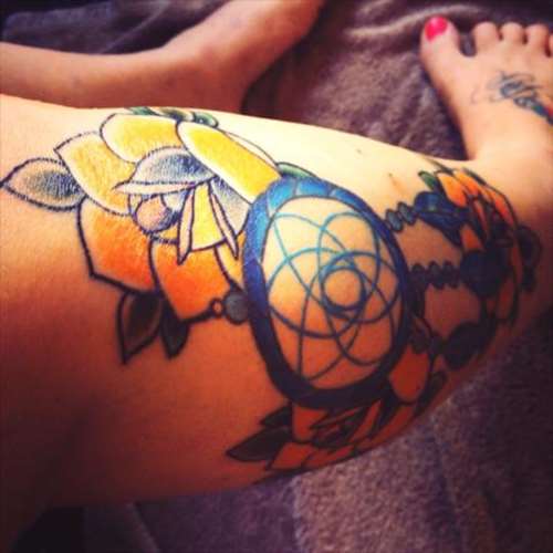 Dream Catcher With Flower Tattoo On Girl Right Leg