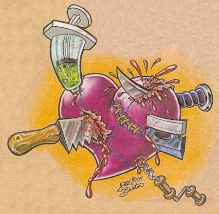 Drug Syringe And Knife In Heart Tattoo Design