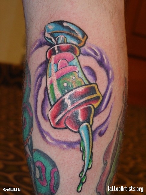 Drug Syringe Tattoo On Leg