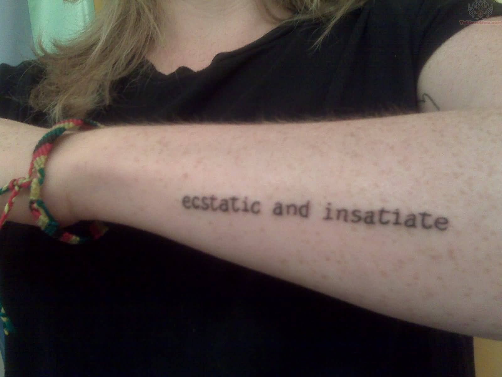 Ecstatic And Insatiate Literary Tattoo On Girl Left Sleeve By Allen Ginsberg
