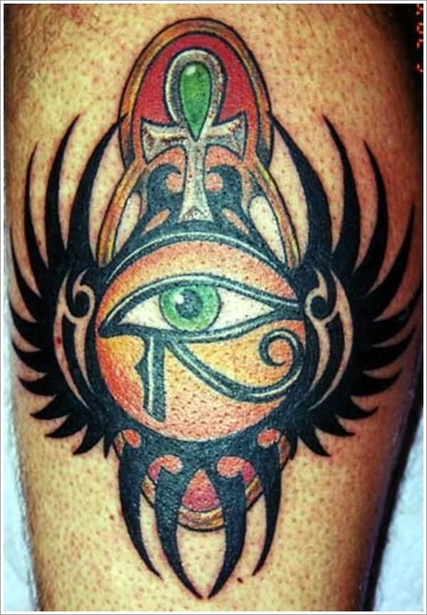 Egyptian Ankh And Horus Eye Tattoo On Leg