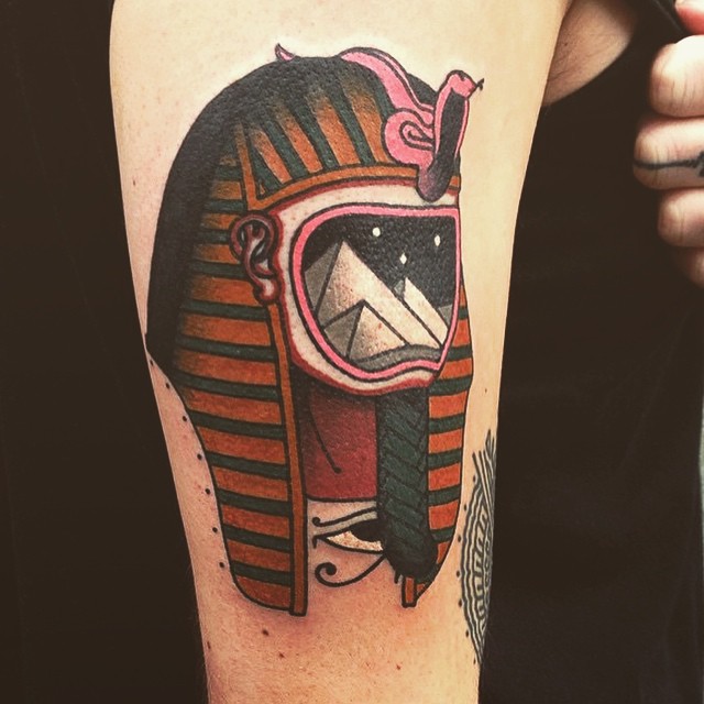 Egyptian Mask Tattoo On Right Bicep by Aivaras Ly