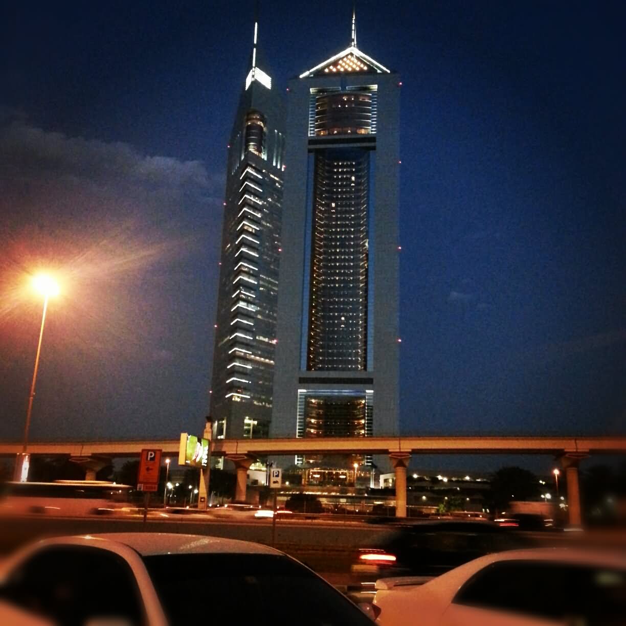 Emirates Towers Night View From Sheikh Zayed Road In Dubai