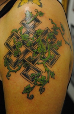 Endless Knot With Ivy Vine Tattoo On Shoulder
