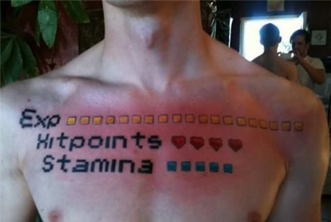 Exp Hit Points And Stamina Video Game Tattoo On Man Chest