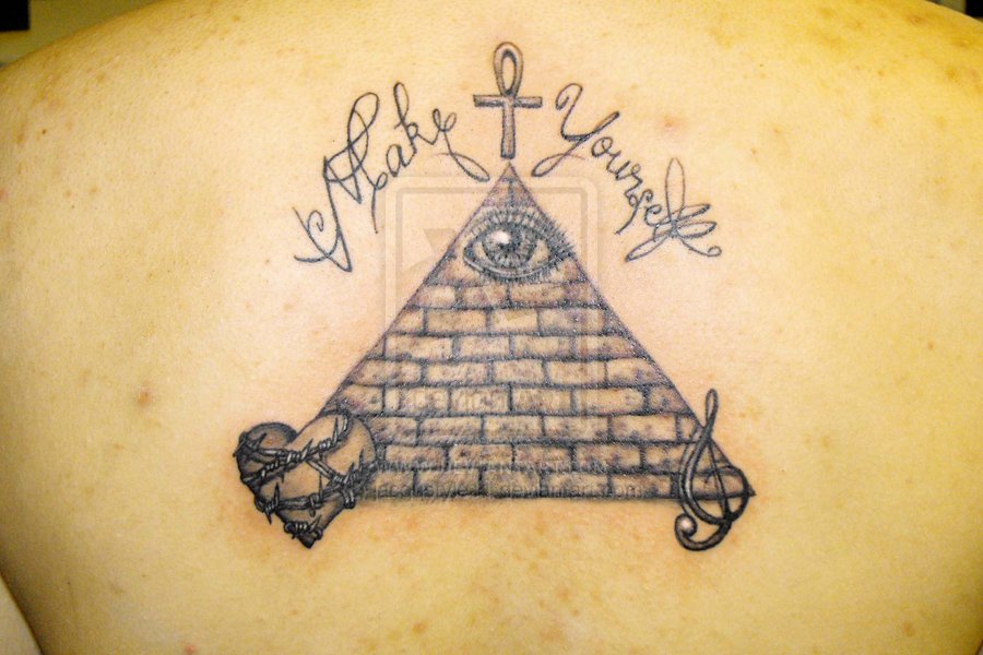 Eye In Pyramid With Ankh Tattoo On Man Upper Back By Jane