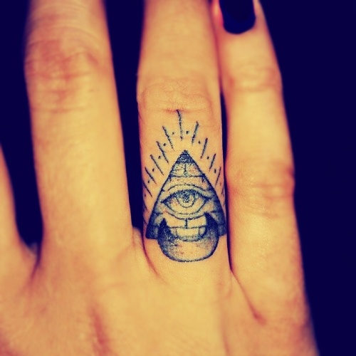 Eye In Pyramid With Half Moon Tattoo On Finger