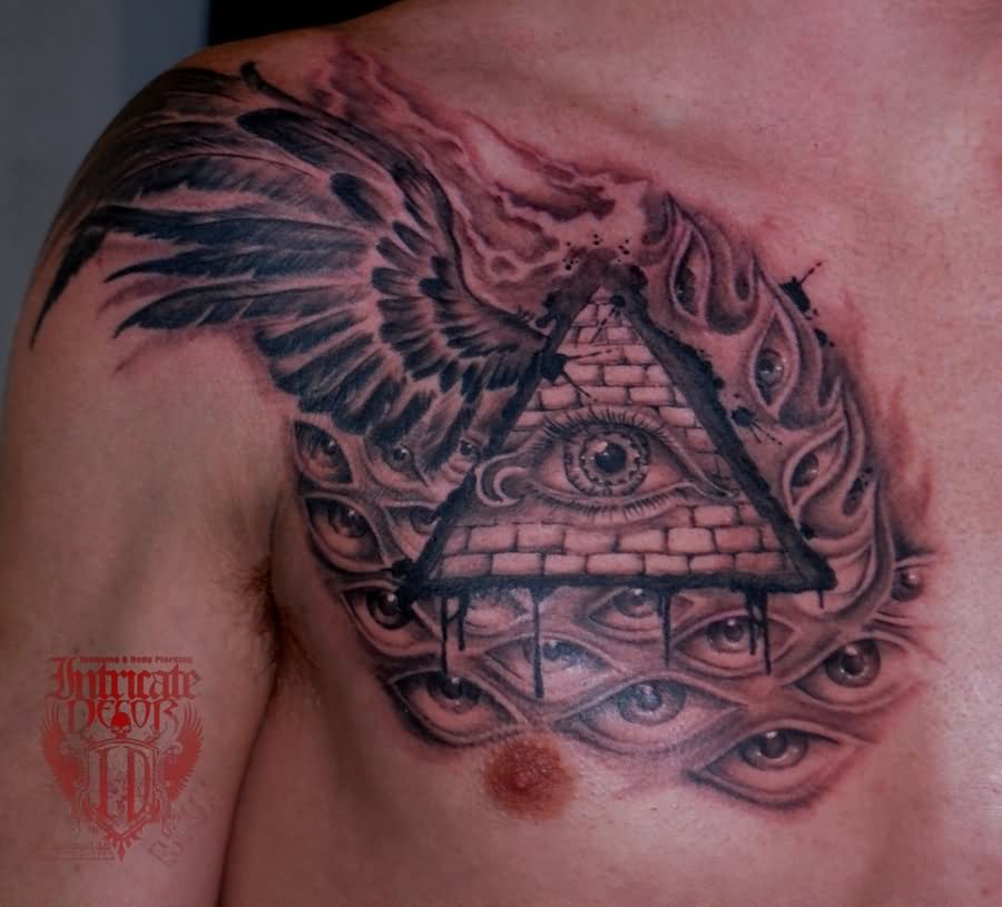 Eye In Pyramid With Wing Tattoo On Man Chest By Jason Rhodes