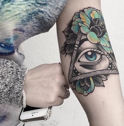 Eye In Triangle With Flowers Tattoo Design For Leg