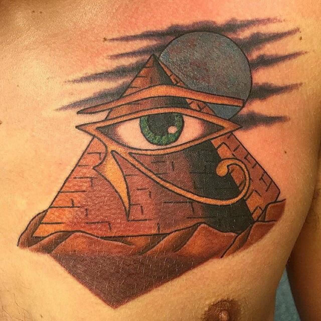 Eye Of Horus With Pyramid Tattoo Design For Chest