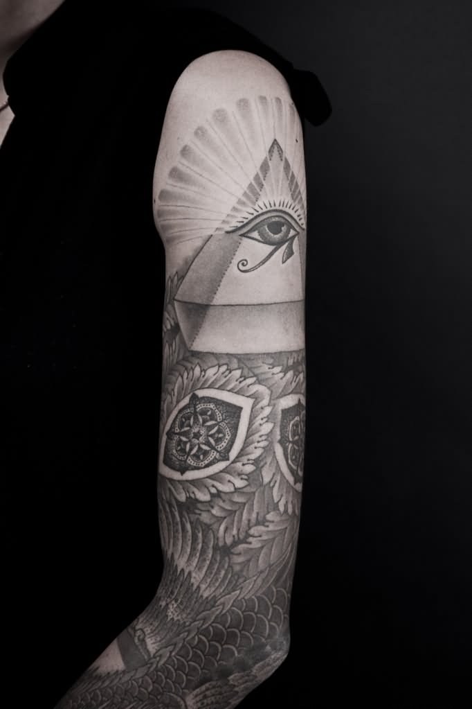 Eye Of Horus With Pyramid Tattoo On Left Half Sleeve