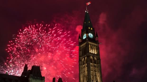 Fireworks Behind The Peace Tower On Parliament Hill During Canada Day Celebrations