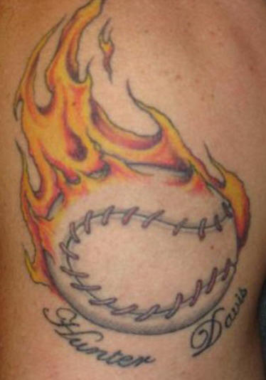 Flaming Baseball Tattoo On Bicep