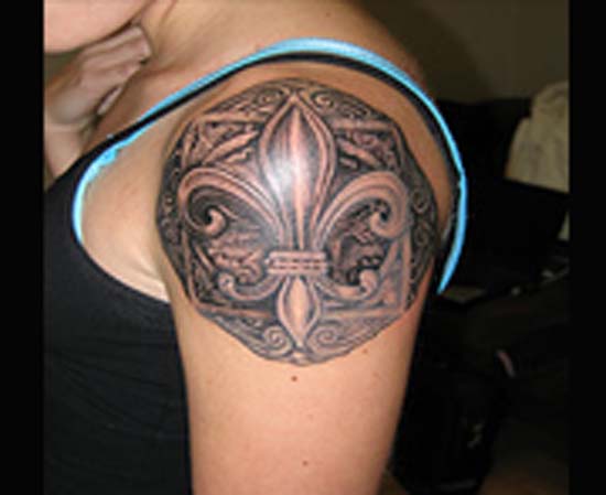 Fleur De Lis Tattoo On Girl Left Shoulder