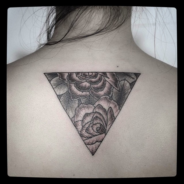 Flowers In Triangle Tattoo On Upper Back