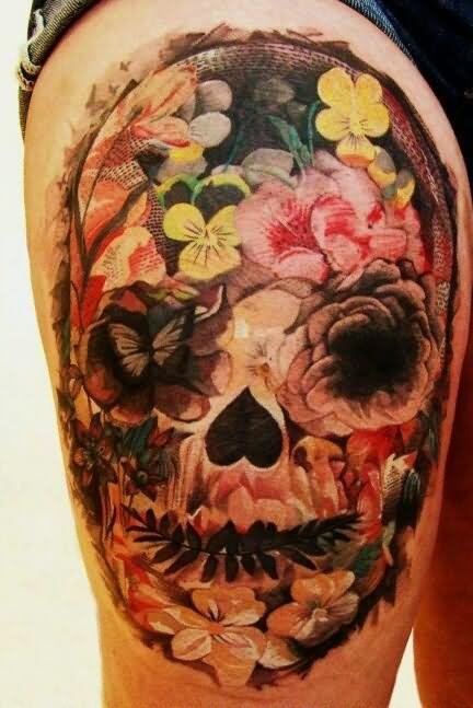 Flowers Skull Tattoo Design For Leg