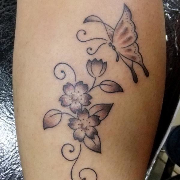 Flowers With Butterfly Tattoo Design For Leg