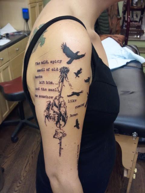 Flying Birds With Literary Tattoo On Right Half Sleeve