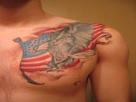 Flying Eagle And International Flag Tattoo On Front Shoulder