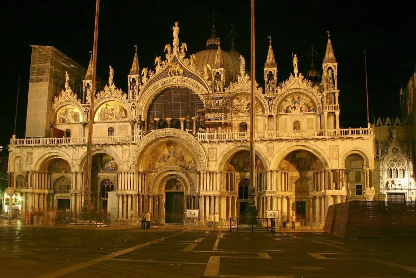 Front View Of St Mark's Basilica Illuminated At Night
