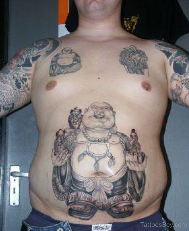 Funky Buddha Tattoo On Man Stomach