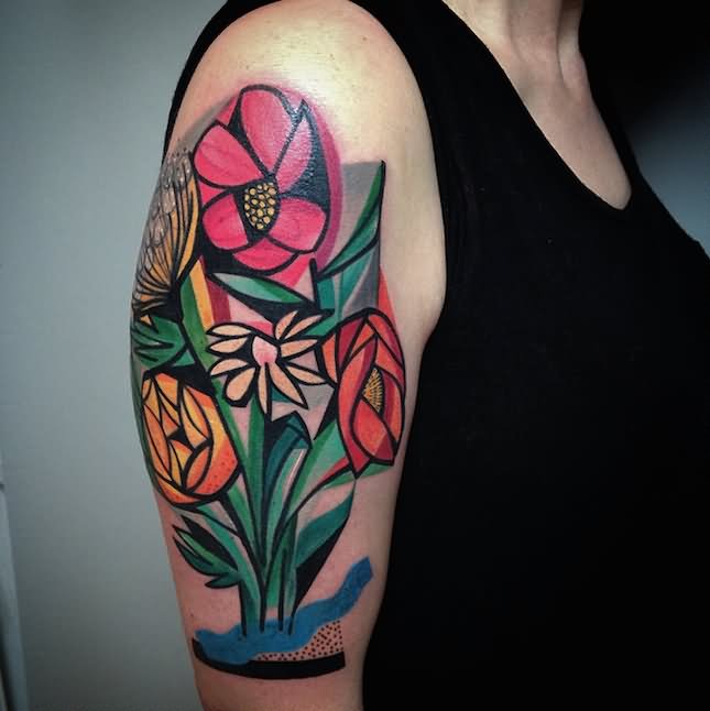 Funky Colorful Flowers Tattoo On Right Half Sleeve