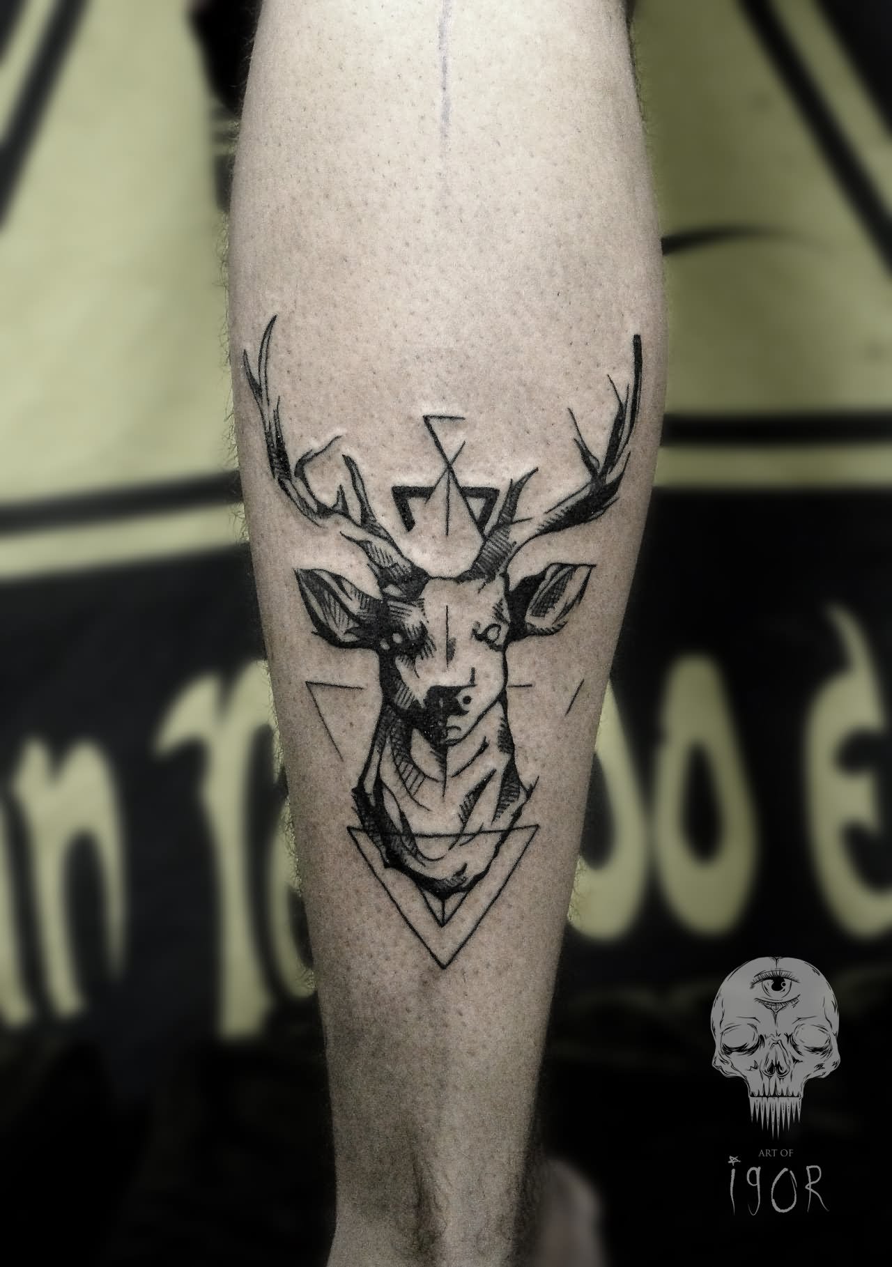Geometric Deer Head Tattoo On Leg